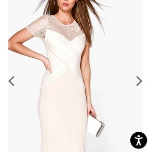 Boohoo US2 Stone Rebecca Lace Panel Contrast Midi Dress, Never Worn